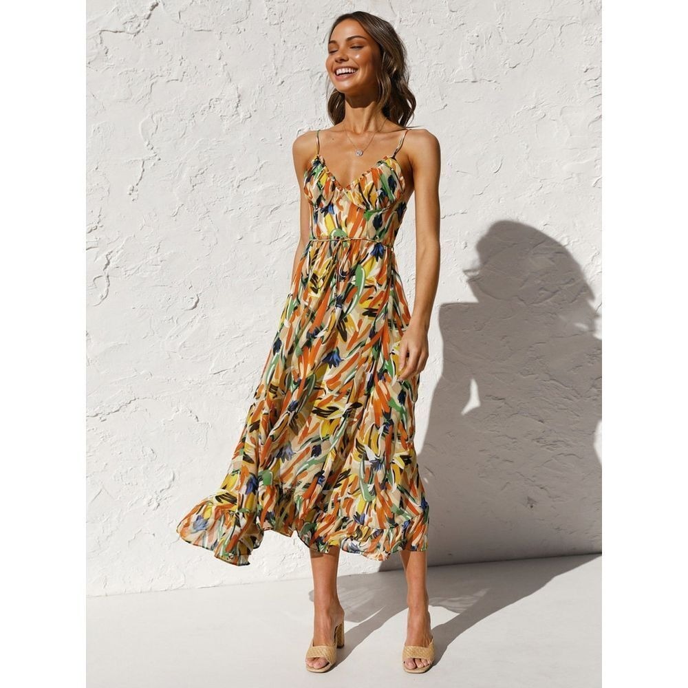 Commense Multicolor Leaf-Print Midi Dress — Yellow, Green, Orange